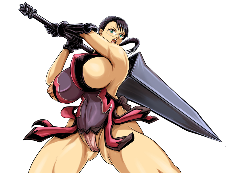 black_hair breasts cattleya glasses large_breasts mature_female milf mother nipple_slip nipples open_mouth patsuki ponytail queen's_blade sword tied_hair weapon white_background