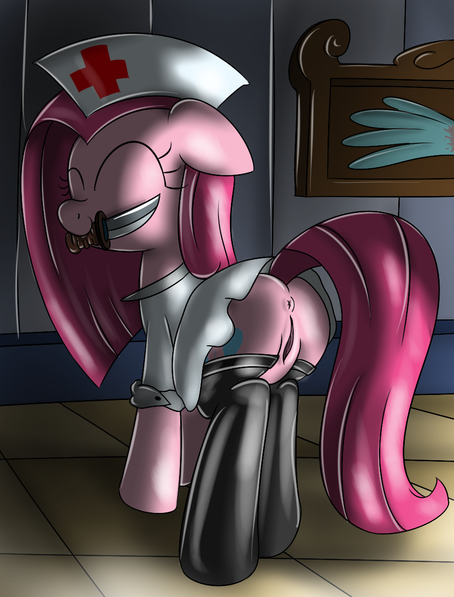 anus closed_eyes cutie_mark equine female friendship_is_magic hair horse knife mouth_hold my_little_pony navel nurse nurse_cap nurse_uniform pink_hair pinkamena_(mlp) pinkie_pie_(mlp) pony pussy solo stockings straight_hair weapon wings ziemniax