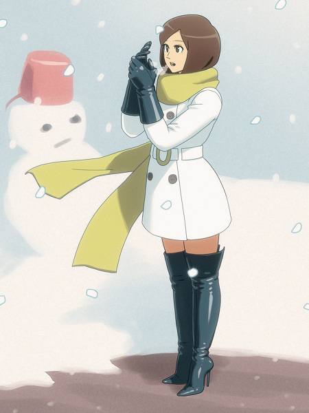 1girls 2d boots brown_eyes brown_hair coat enkaboots gloves high_heel_boots high_heels leather scarf snow thigh_boots waist_belt