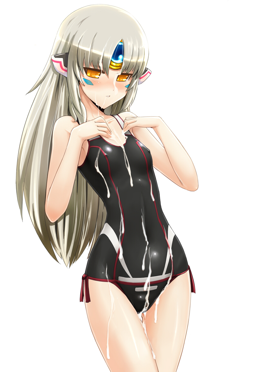 artist_request code_nemesis cum elsword eve_(elsword) facial female long_hair swimsuit white_background yellow_eyes