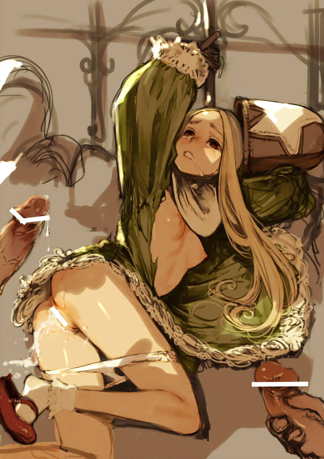 2boys bed blonde_hair branch_(blackrabbits) bukkake censored chained_wrists cum cum_in_pussy cumdrip female final_fantasy final_fantasy_tactics final_fantasy_tactics_(original) hat highres long_hair mary_janes multiple_boys nipples panties penis pussy red_eyes robe saliva shoes small_breasts socks tear time_mage time_mage_(fft) underwear