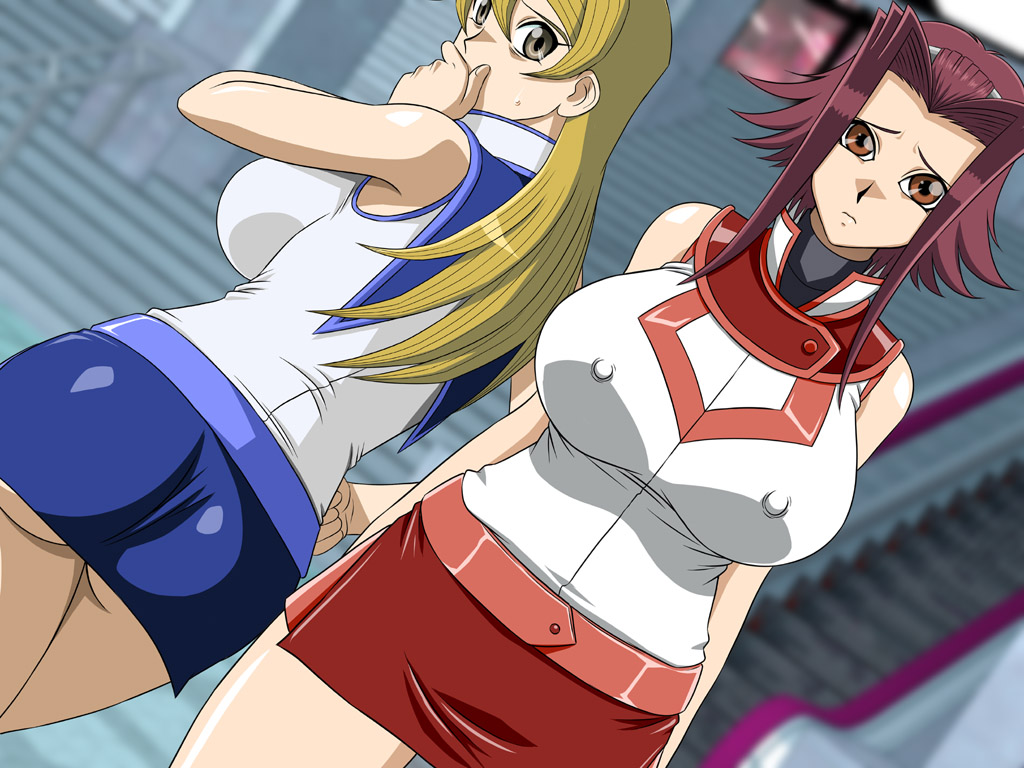 2girls, 4:3, akiza izinski, alexis rhodes, alternate breast size, alternate outfit, armpits, ass, blonde hair, breasts, brown eyes, erect nipples, eye contact, female, glamour works, hair, hand on hip, huge breasts, human, izayoi aki, looking at viewer, multiple females, multiple girls, nipple bulge, nipples, red hair, source request, thigh gap, wide hips, yu-gi-oh!, yu-gi-oh! 5d's, yu-gi-oh! gx