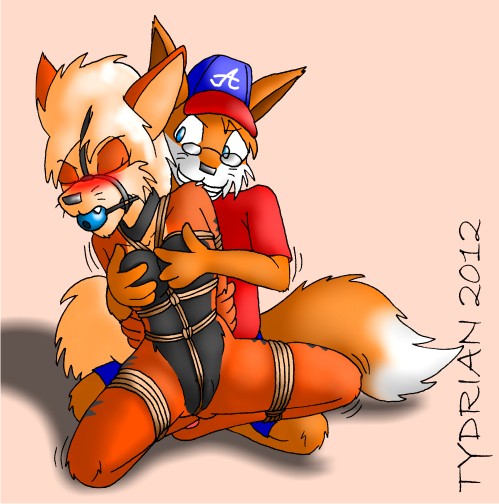 anthro arcanine arms_behind_back ball_gag blue_ball_gag blush bondage bound canine crotch_rope eyewear female fondling fox frogtie fur furry gag gagged glasses hat male nintendo nude pokemon pokemon_(species) pussy rope sam_gwosdz smile struggling tied_up tydrian video_games