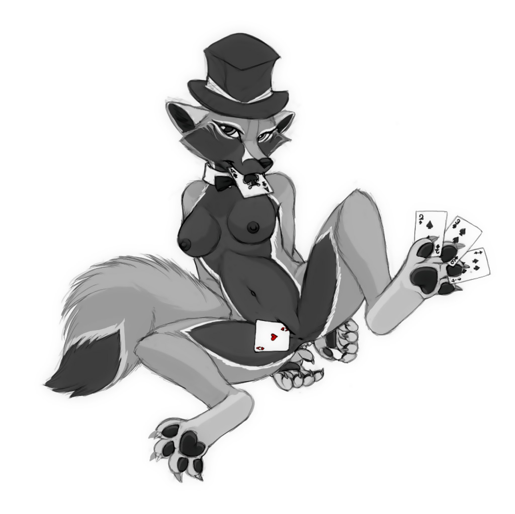 ♠ 4_toes anthro anus ass breasts canine card claws clothing female fur grey_eyes hands_behind_back hat heart hindpaw looking_at_viewer mammal nipples pawpads paws penetration pira plain_background playing_card presenting pussy sitting solo toes top_hat white_background wolf