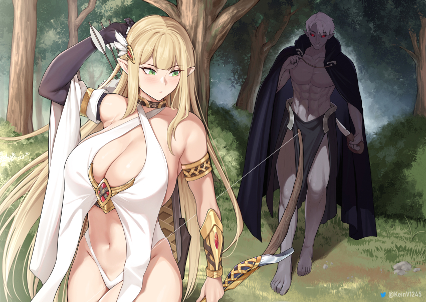 1boy, 1girls, 2d, 2d (artwork), abs, arm up, barefoot, being watched, belly, big breasts, blonde hair, bow (weapon), breasts, bush, bushes, character request, choker, cleavage, cloak, clothed, clothed female, collar, color, dagger, dark elf, elf, elf ears, elf female, female, foliage, forest, forest background, full color, glowing eyes, grass, green eyes, hourglass figure, hunted, keinv, large breasts, light skin, light-skinned female, long hair, male, maskwolf, muscular, muscular male, navel, no bra, non-nude, outside, pelvic curtain, pointy ears, red eyes, short hair, slim waist, straight hair, tagme (character), tagme (series), tagme (source), toned, toned male, tree, trees, unaware, very long hair, walking, weapon, white hair, wide hips