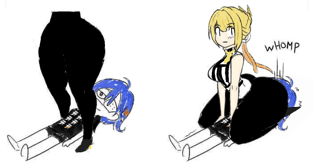 2girls, belle (zenless zone zero), big breasts, blue hair, braided hair, breasts, evelyn chevalier, facesitting, female, thick thighs, yellow hair, zenless zone zero
