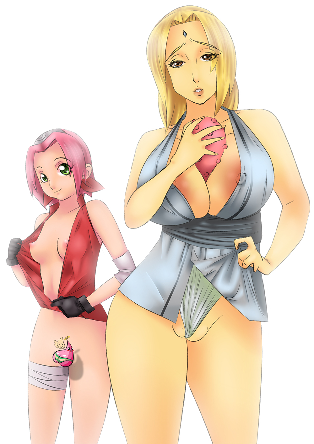 bottomless censored ecchiman female female_only flashing huge_breasts human multiple_females naruto sakura_haruno tsunade