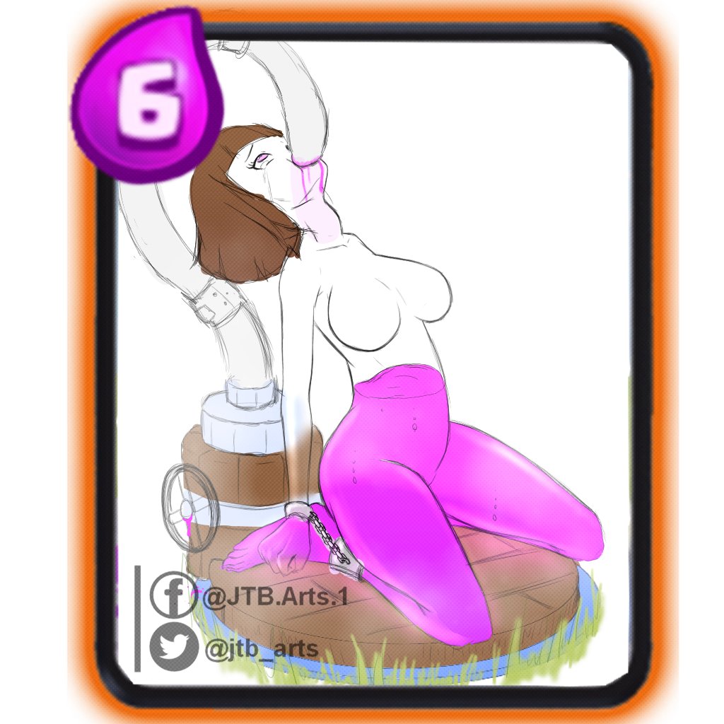 1girls, 2022, breasts, brown hair, chains, clash (series), clash royale, elixir collector, fear, female, glass container, grass, jtb arts, number, pink eyes, simple background, tears, twitter username