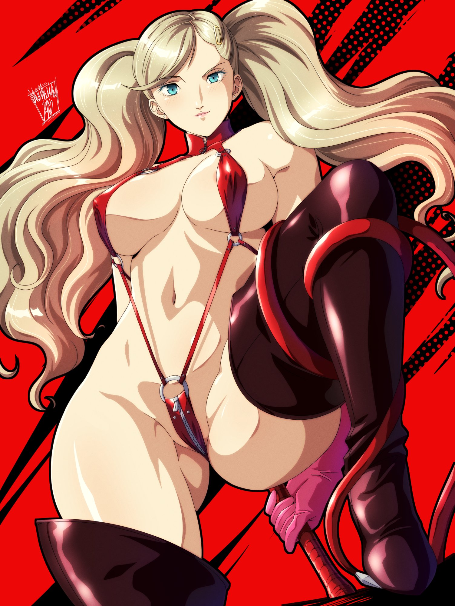 1girls, alternate version available, ann takamaki, ass visible through thighs, atlus, big breasts, blonde hair, blue eyes, breasts, butt fang, cleavage, danmakuman, fake tail, female, female only, footwear, gloves, hair, handwear, heels, high heels, hips, holding object, latex, persona, persona 5, phantom thief suit, pink gloves, red sling bikini, revealing clothes, skimpy, skimpy bikini, sling bikini, solo, solo female, swimwear, tail, tail wrapped around leg, thick thighs, thighhigh boots, thighs, twintails, zipper, zipper pull tab