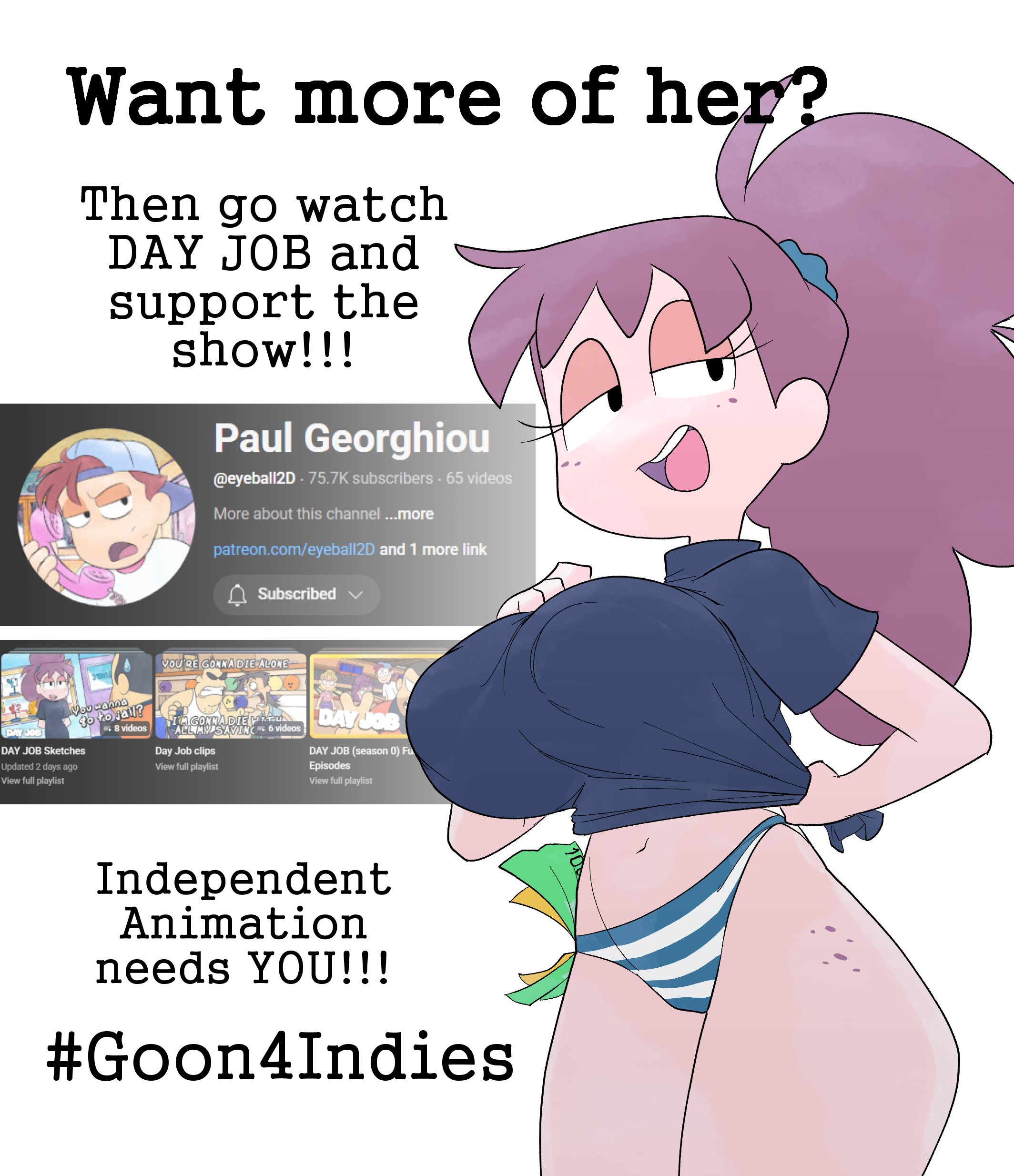 1girls, accurate art style, advertisement, big breasts, blue panties, breasts, clothed, clothing, color, day job, eyelashes, female, female focus, female only, freckles, hair up, half-closed eyes, human, human only, lily (day job), long hair, money, money in thong, no pants, official style, open mouth, open smile, panties, ponytail, puffy nipples, pulling shirt back, purple hair, scrunchie, shirt, shirt pull, simple background, smile, sqwunx (artist), striped panties, twitter, twitter link, white background