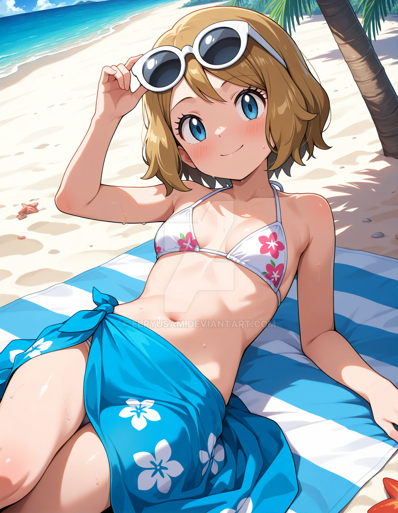 1girls, ai generated, bikini, elryusam, female, female only, floral print, honey hair, nintendo, pokemon, pokemon xy, serena (pokemon), solo, sunny, tagme, teenage girl