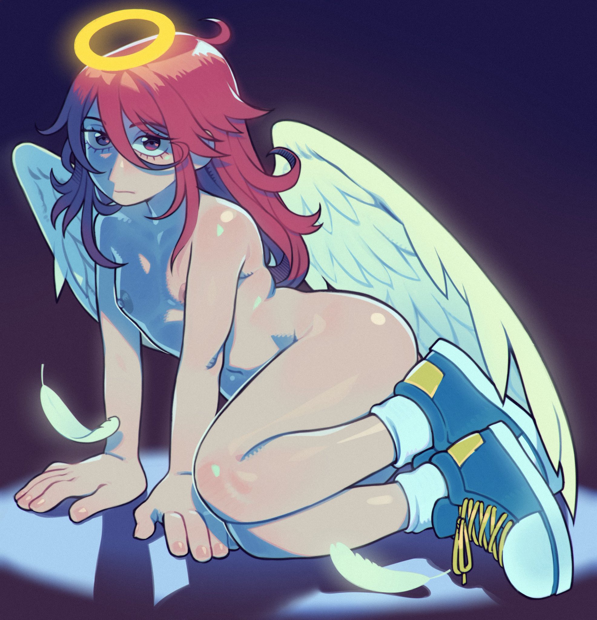 1boy, 2d, 2d (artwork), angel, angel devil (chainsaw man), angel wings, ass, chainsaw man, expressionless, feathers, femboy, halo, long hair, looking at viewer, male, male only, nipples, nude, on floor, red hair, shadow, shiny skin, sneakers, speedoru, speedosausage, tagme