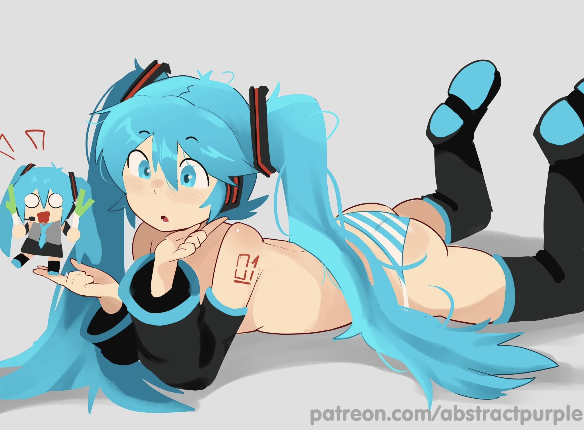 1girl, 1girls, abstractpurple (artist), aqua eyes, aqua hair, ass, black footwear, black thighhighs, blue eyes, blush, boots, breasts, cute, detached sleeves, female, food, hair between eyes, hatsune miku, holding, holding food, legs up, long hair, looking at viewer, lying, necktie, on stomach, open mouth, panties, solo, spring onion, striped, striped panties, tagme, tattoo, the pose, thigh boots, thighhighs, topless, twintails, underwear, very long hair, vocaloid, wholesome