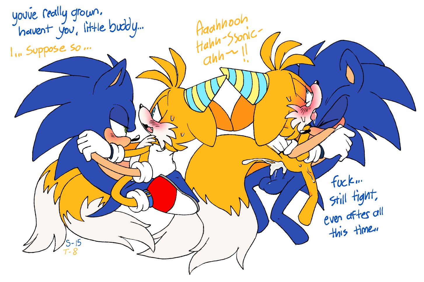 2boys, anal sex, anthro, cum in ass, cum inside, dialogue, gay, gay sex, heavy blush, male, male only, male/male, moaning, pachi rizuu, party hat, penetration, penis, penis in ass, sitting on penis, sonic (series), sonic the hedgehog, sonic the hedgehog (series), sweat, tails, tails the fox, toony, white background, yaoi, younger male