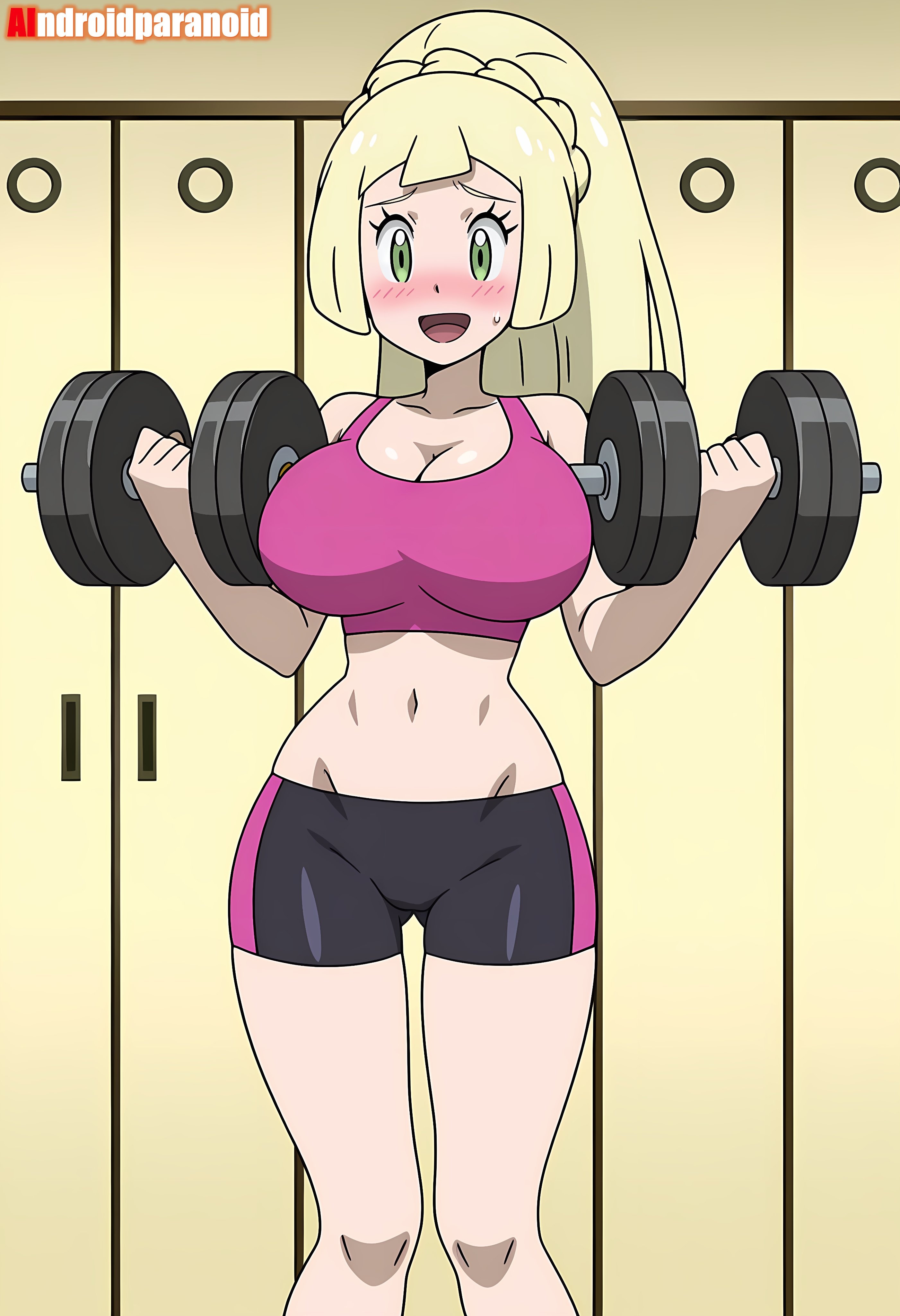 1girls, ai, ai art, ai generated, aindroidparanoid, alternate breast size, big breasts, black clothing, blonde hair, blush, breasts, busty, clothed, clothed female, clothing, curvy, cute, exercise, exercise clothing, exercising, female, female only, green eyes, hair, hi res, hips, human, human female, indoors, large ass, large breasts, legs, light skin, light-skinned female, lillie (pokemon), long hair, narrow waist, open mouth, pink clothing, pokemon, pokemon trainer, slim waist, solo, solo female, thick ass, thighs, voluptuous, waist, wide hips