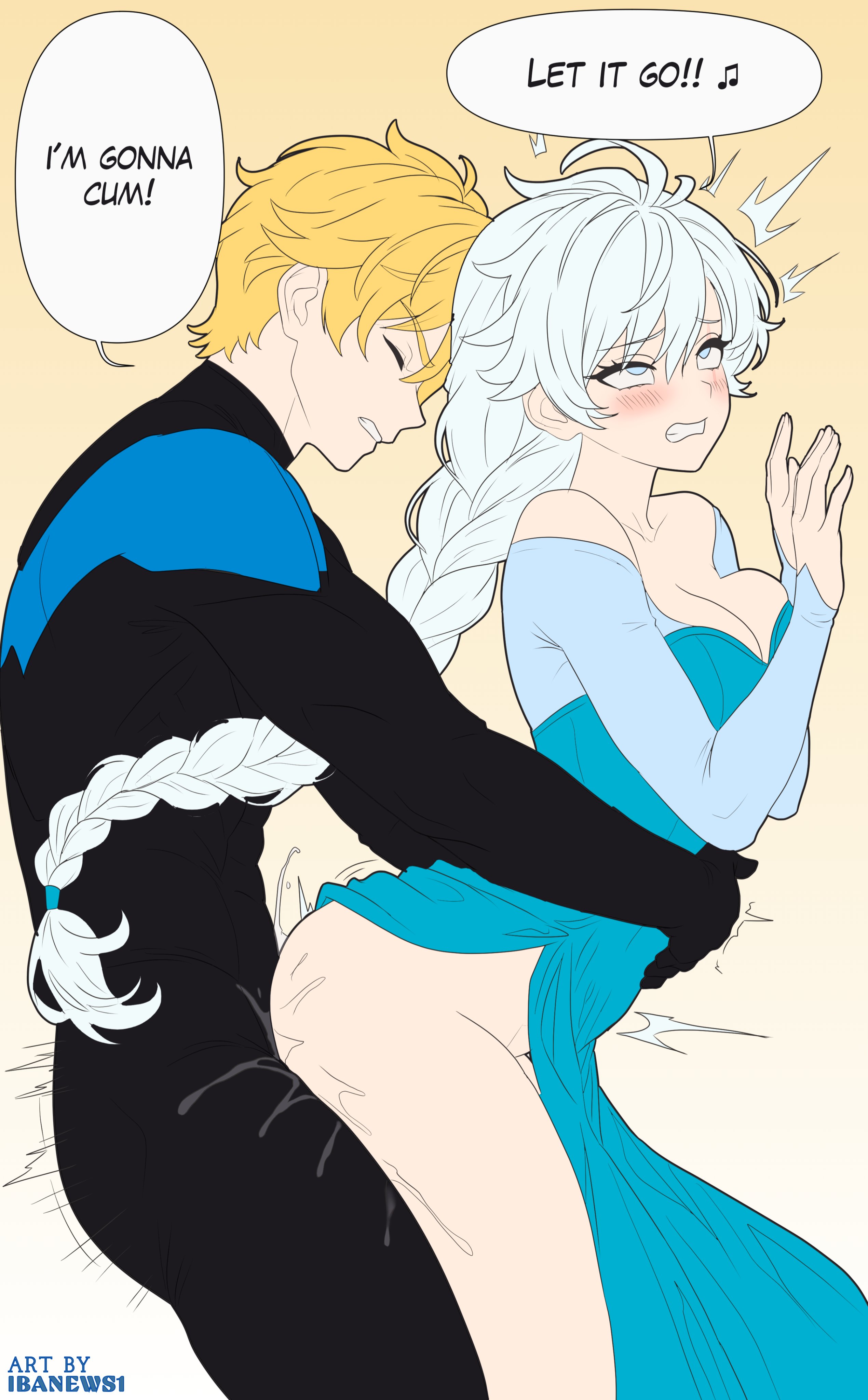 1boy, 1boy1girl, 1girls, arms around waist, ass, batman (series), blonde hair, blue eyes, blush, breasts, clothed, clothed sex, clothing, cosplay, crossover, dc, dc comics, disney, doggy style, dress, elsa (cosplay), elsa (frozen), female, frozen (film), ibanews1, jaune arc, long hair, male, medium breasts, nightwing, nightwing (cosplay), rwby, scar on face, sex, straight, text, weiss schnee, white hair