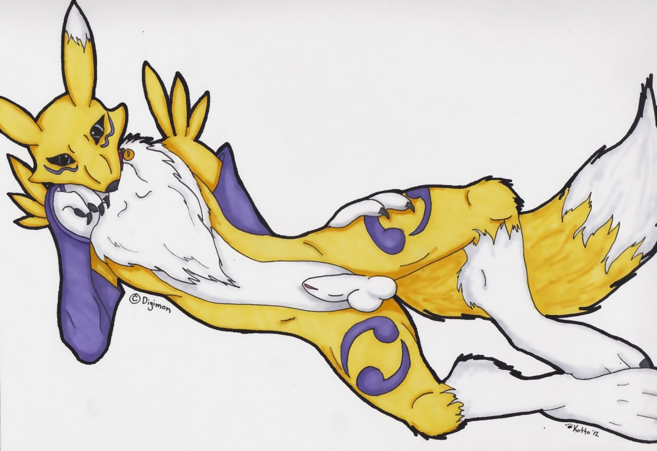 black_sclera colored digimon fox fur furry glove looking_at_viewer male male_only no_humans nude penis purple_fur renamon sheath solo white_background white_fur wiskar yellow_fur yin_yang