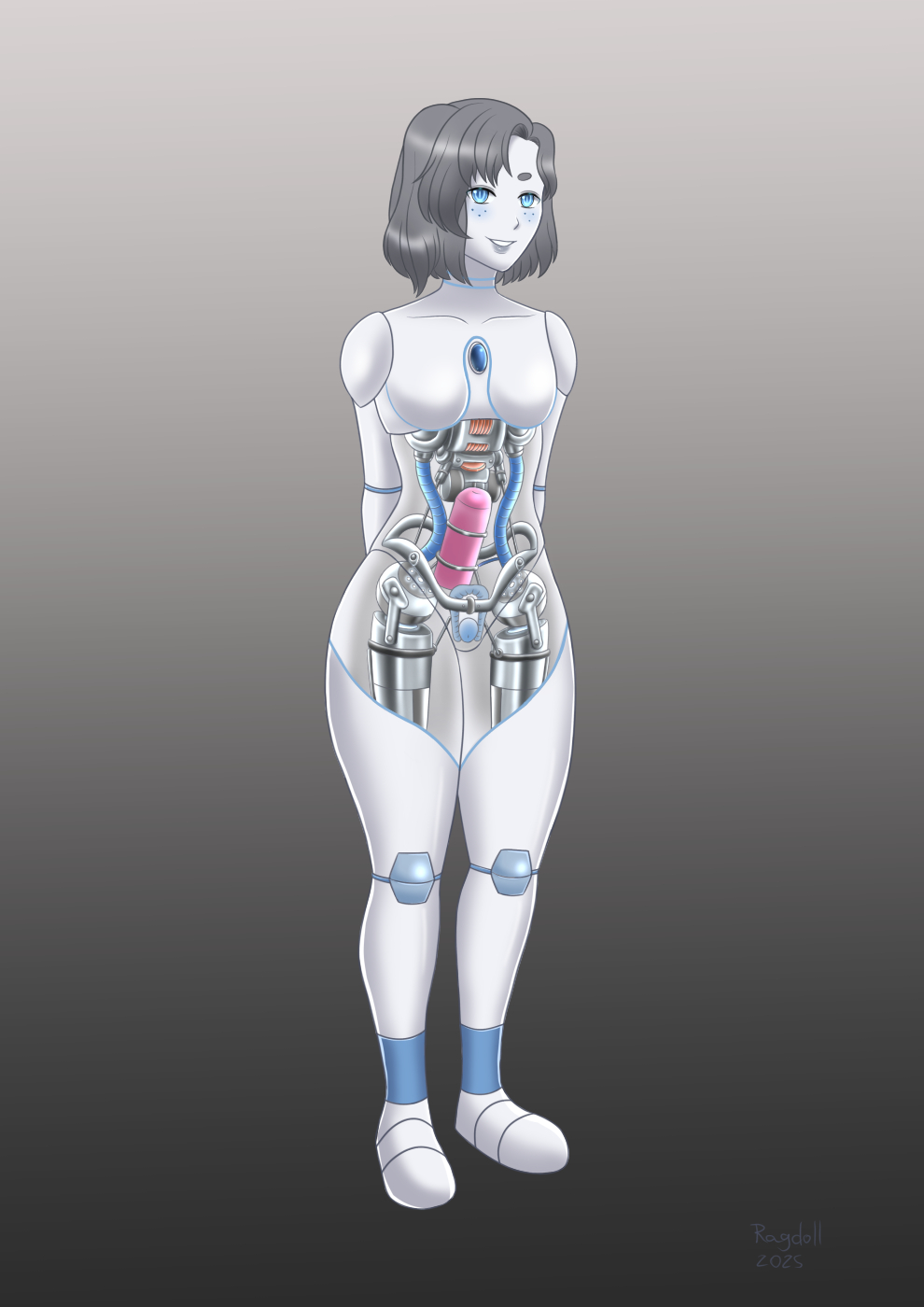 1girls, android, cyborg, embedded penetrable sex toy, female, femboy, hidden penis, internal penis, legs together, male, onahole, penis, pussy, ragdoll exoart (artist), robot, robot boy, see-through, see-through body, sex toy, smile, translucent body, transparent body, wide hips, x-ray