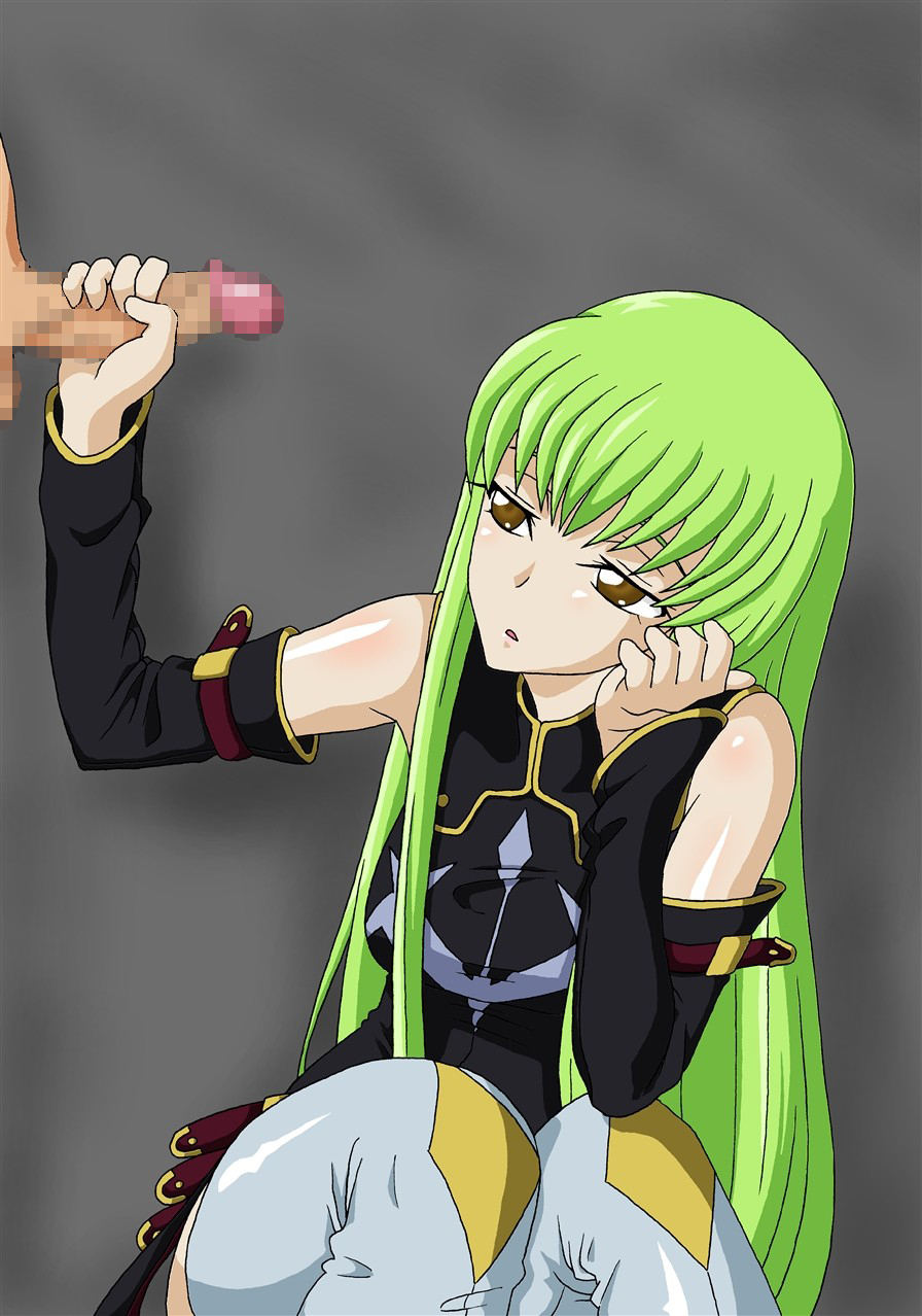 bare_shoulders bored breasts brown_eyes c.c. censored code_geass faceless_male female green_hair grey_background handjob hiza_raida long_hair looking_up penis simple_background sitting standing