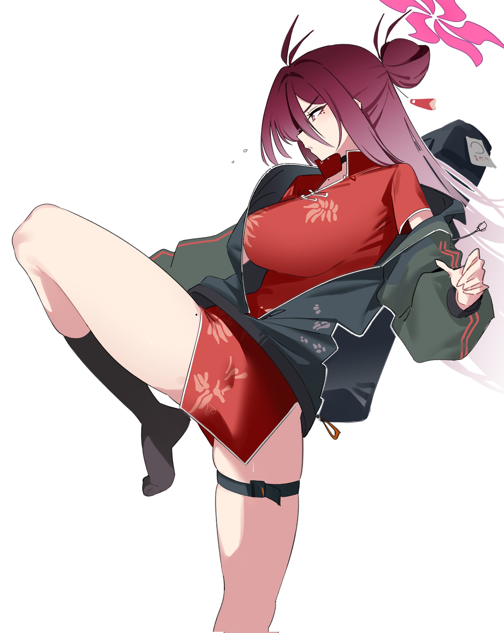 1girls, artist request, backpack, big breasts, blue archive, breasts, female, female only, halo, jacket, kicking, mole on thigh, mole under eye, practice, qipao, reijo (blue archive), shanhaijing secondary school student
