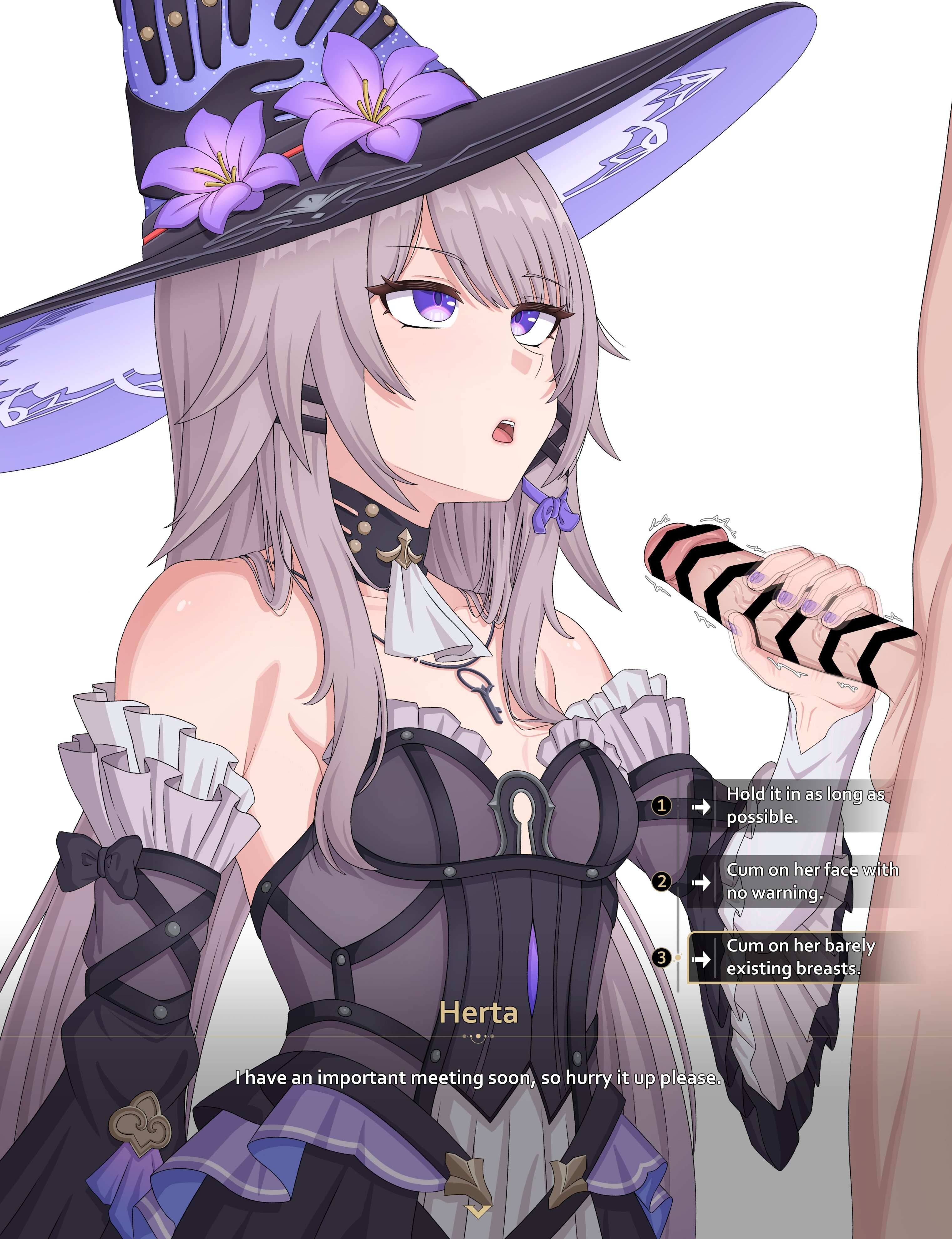 1boy, 1girls, bar censor, breasts, caelus (honkai: star rail), censored, clothed female nude male, detached sleeves, english text, female, flat chest, gameplay mechanics, grey hair, handjob, hat, herta (honkai: star rail), hlxy, honkai (series), honkai: star rail, hoyoverse, light skin, light-skinned female, light-skinned male, looking at partner, male, mihoyo, penis, purple eyes, small breasts, talking to partner, text, the herta (honkai: star rail)