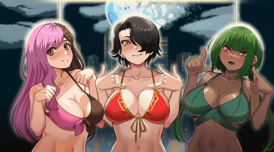 3girls, amber eyes, bikini, bikini top, black hair, black hair female, cinder fall, emerald sustrai, female, female only, green hair, green hair female, hair over one eye, heterochromia, long hair, long hair female, multicolored hair, multiple girls, neo (rwby), nico-mo, red eyes, rwby