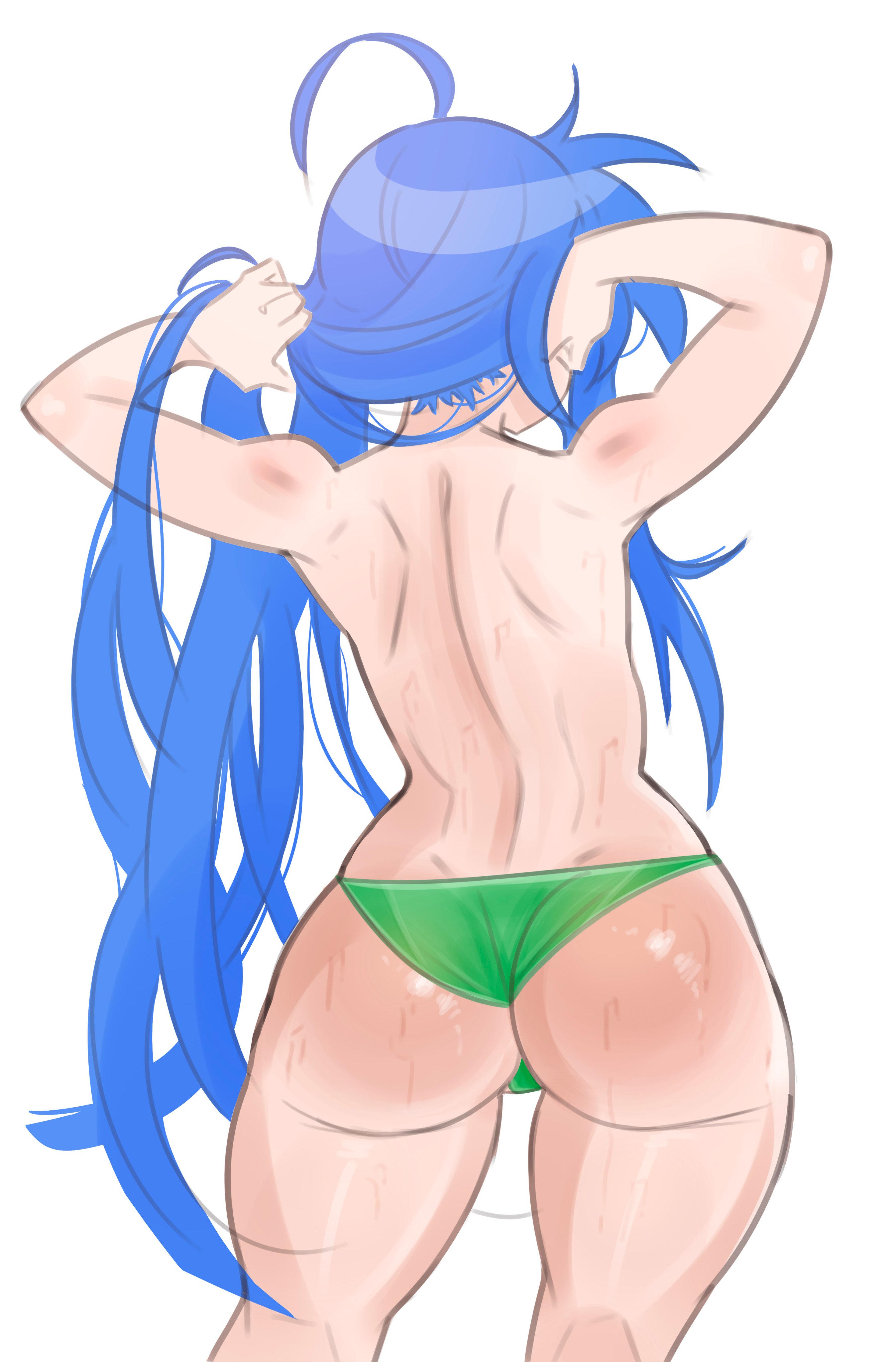 1girls, ahoge, ass, blue hair, emiillb, facing away, female, konata izumi, long hair, lucky star, solo, sweat, sweaty, sweaty ass, topless, wet