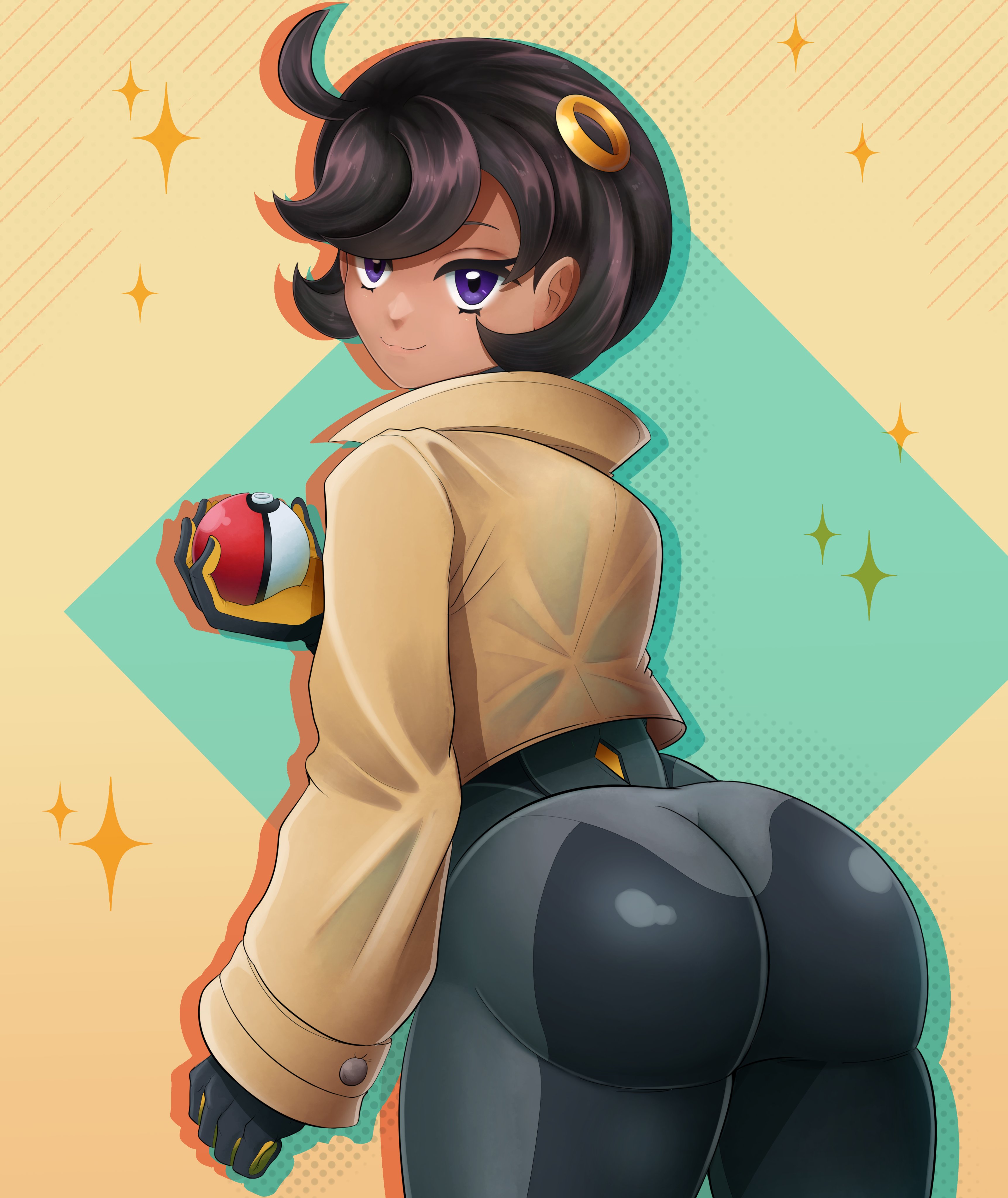 1girls, ass, ass focus, big ass, black bodysuit, black hair, bodysuit, bubble butt, coat, dark skin, dark-skinned female, emma (pokemon legends: z-a), emma (pokemon), female, female only, from behind, game freak, jacket, jpeg, looking at viewer, matiere (pokemon legends: z-a), matiere (pokemon), nintendo, poke ball, pokeball, pokemon, pokemon legends: z-a, purple eyes, skin tight, solo, tomboyish, zssjblue