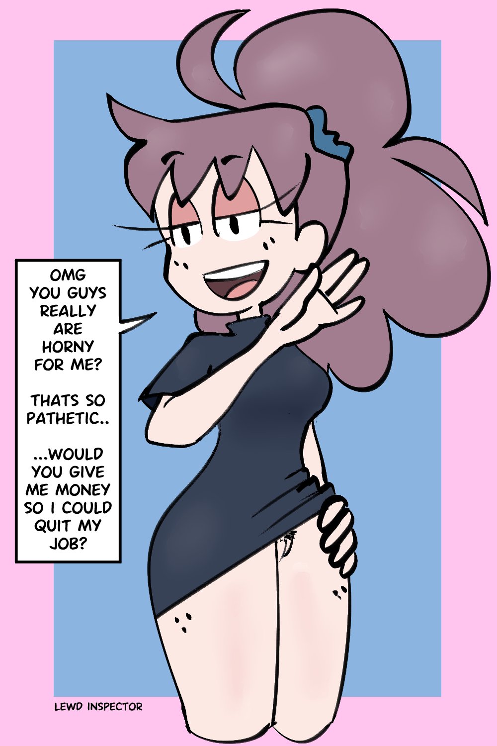 1girls, black eyes, bottomless, color, day job, dialogue, english text, exposed pussy, eyelashes, female, female focus, female only, fourth wall, half-closed eyes, hips, lewd inspector, light skin, lily (day job), pubic hair, purple hair, pussy, smug, text, twitter link