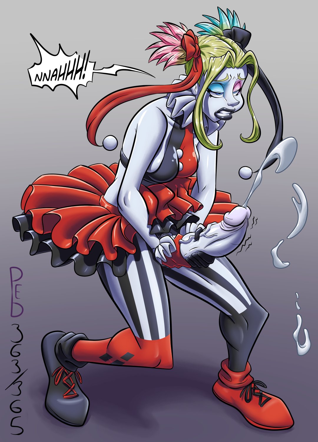 1futa, big penis, cum, cumming, dc, dc comics, dialogue, erection, futanari, harley quinn, intersex, masturbation, pale skin, pale-skinned futa, penis, purpleeyebags, solo, text, veiny penis