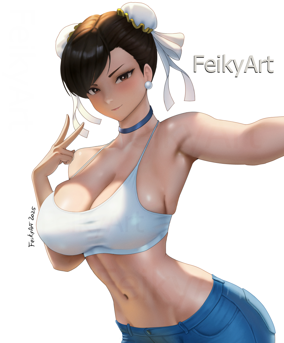 1girls, ass, big ass, big breasts, bra, breasts, chun-li, feikyart, female, fighter, hairy pussy, heroine, light-skinned female, nervous, panties, police, pussy, ribbon, sexy pose, street fighter, vagina