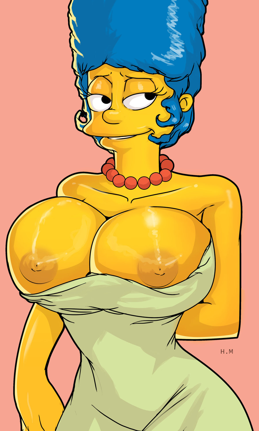 alternate_breast_size areolae blue_hair breasts bursting_breasts clothing dress eichh-emmm exposed_breasts female female_only hair holimount huge_breasts human marge_simpson nipples solo the_simpsons yellow_skin