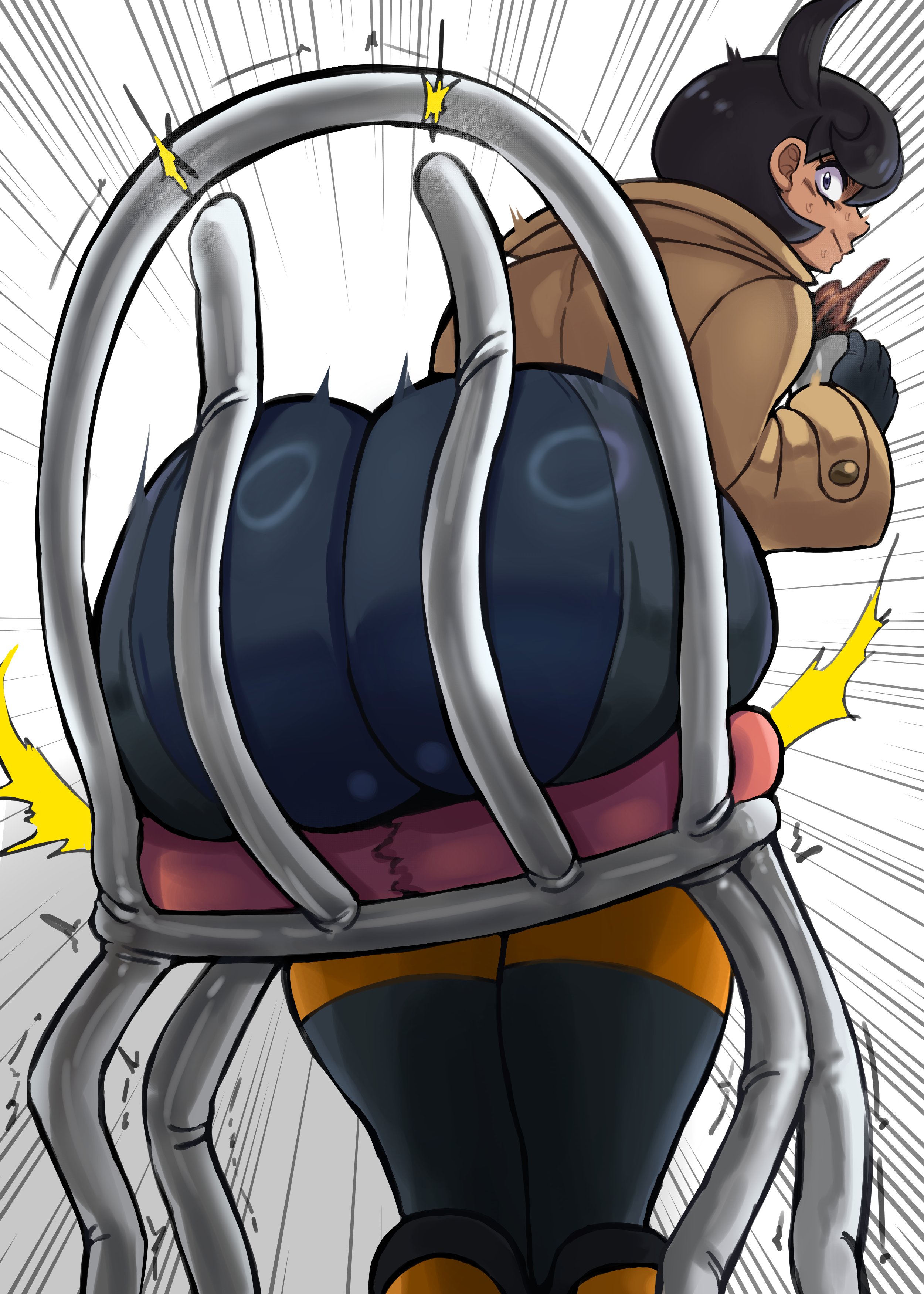 1girls, ass, ass focus, bent over, big ass, black hair, bodysuit, bottom heavy, broken furniture, bubble butt, chair, chair breaking, charge sol, clothed, clothing, dark skin, dark-skinned female, destruction, dummy thicc, emma (pokemon legends: z-a), emma (pokemon), fat ass, female, female only, fully clothed, game freak, gluteal fold, huge ass, jacket, large ass, looking at viewer, looking back, matiere (pokemon legends: z-a), matiere (pokemon), nintendo, png, pokemon, pokemon legends: z-a, sitting, sitting on chair, solo, surprised, surprised expression, thick ass, thick thighs, thunder thighs, tomboyish, wide hips