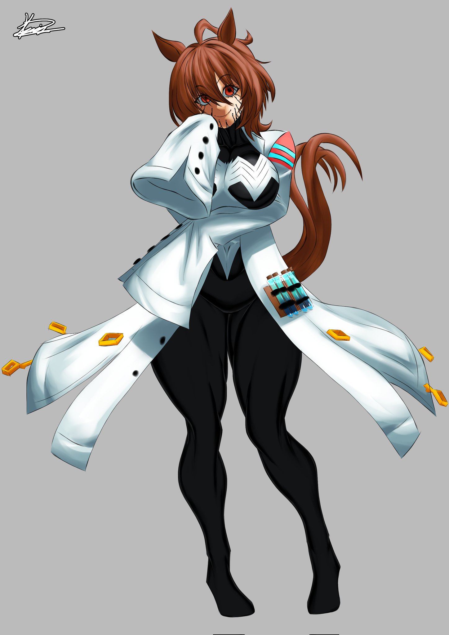 1girls, agnes tachyon (umamusume), alien, big ass, big breasts, breasts, female, horse girl, labcoat, light-skinned female, marvel, marvel comics, nerd, sexy pose, symbiote, umamusume, umamusume pretty derby, venom (marvel)