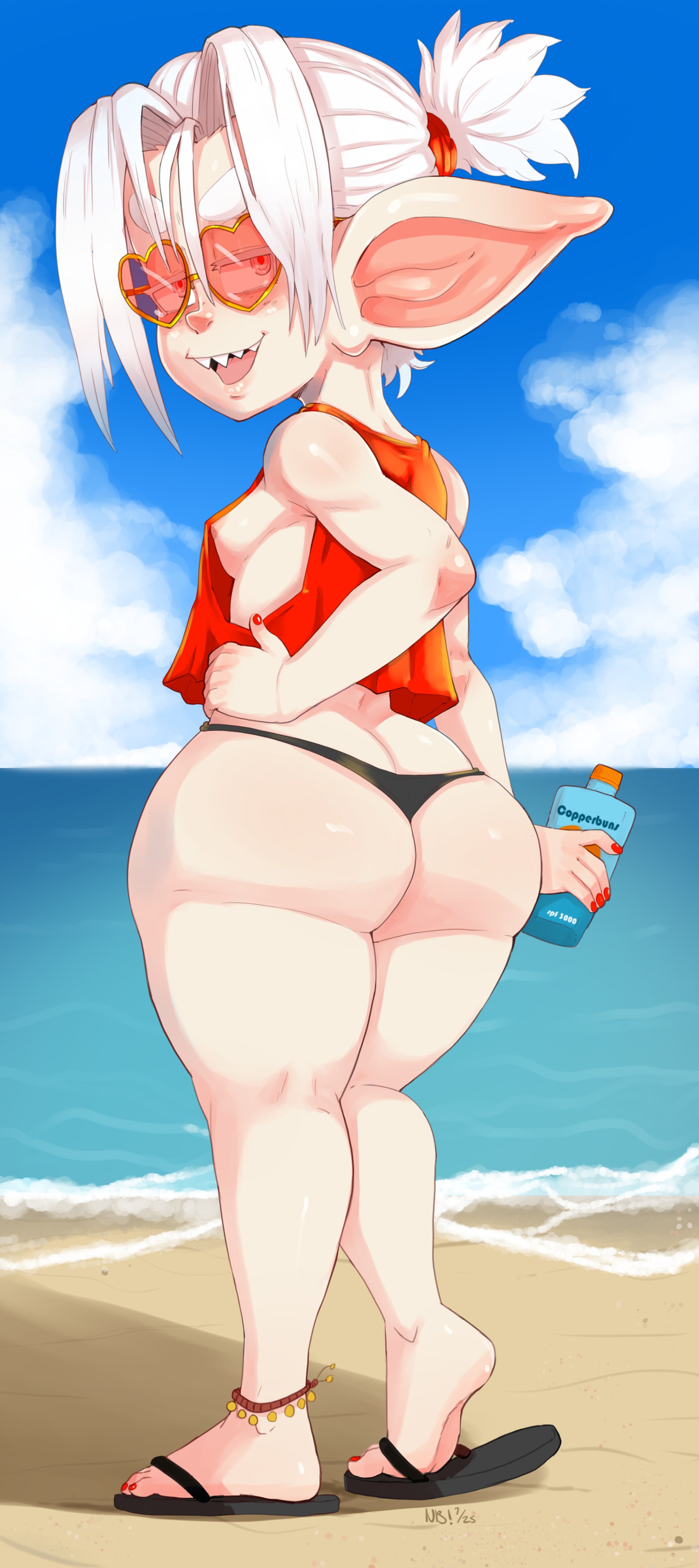 1girls, 2025, 5 fingers, absurd res, albino, anemic, anklet, areola, ass, beach, bianca (nerdbayne), big butt, bikini, bikini bottom, bottom heavy, breasts, clothed, clothing, colored nails, day, eyewear, feet, female, female humanoid, fingers, flip flops, footwear, goblin, hair, hand on side, heart sunglasses, hi res, holding object, holding sunscreen, huge butt, humanoid, humanoid pointy ears, jewelry, looking at viewer, looking back, nails, nerdbayne, nipples, not furry, ocean, ocean background, open mouth, open smile, original, outside, pale body, pale skin, pear-shaped figure, plantigrade, pointy ears, raised heel, red eyes, red nails, sand, sandals, sea, seaside, sharp teeth, shirt, shoes, short stack, shortstack, side boob, signature, sky, small breasts, smile, smiling at viewer, soles, solo, sunglasses, sunscreen, swimwear, tank top, teeth, thick thighs, tied hair, topwear, two-piece swimsuit, water, white body, white hair, white skin, wide hips
