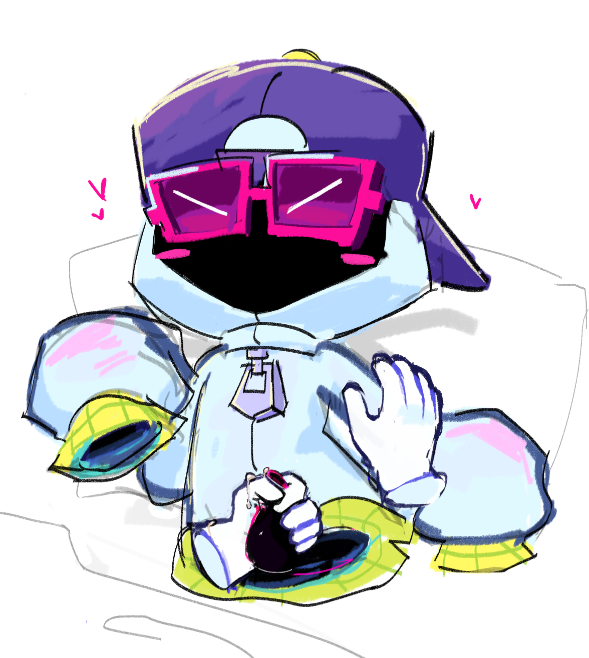 2d, 2d (artwork), 2d artwork, artist request, blush, blushing, blushing male, brawl stars, cap, floating hands, ghost, heart symbol, hearts, hearts around head, leaking precum, male, male only, no legs, non-human, on back, on bed, penis, self upload, shade (brawl stars), tentacle dick, tinythief, toony, touching penis
