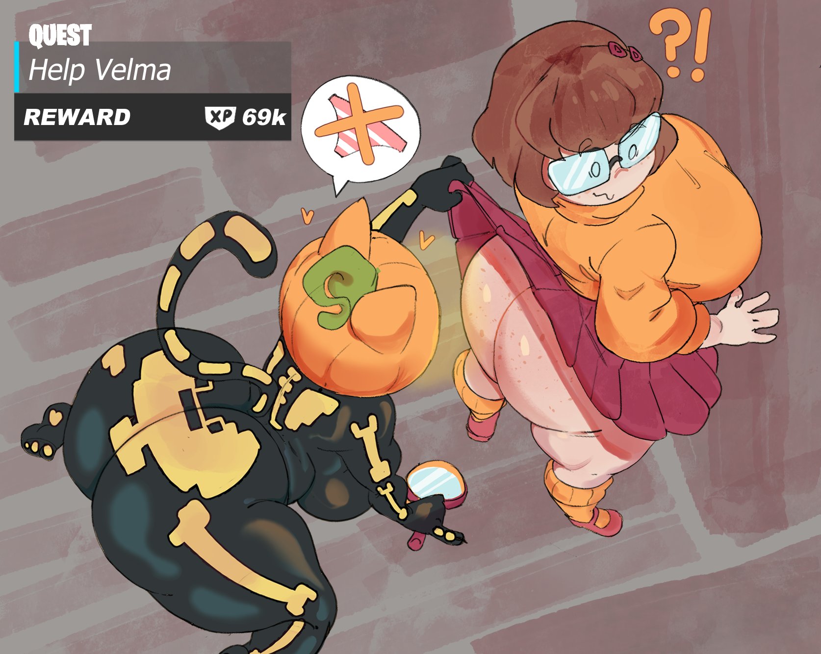 ?!, 2girls, anthro, ass, ass freckles, brown hair, cadslime, cartoon network, crossover, epic games, female, female only, fortnite, freckles, glasses, huge ass, image bubble, inspecting, inspecting ass, inspection, no panties, pantiless, pumpkin, scooby-doo, spice (fortnite), tail, text, velma dinkley, yuri