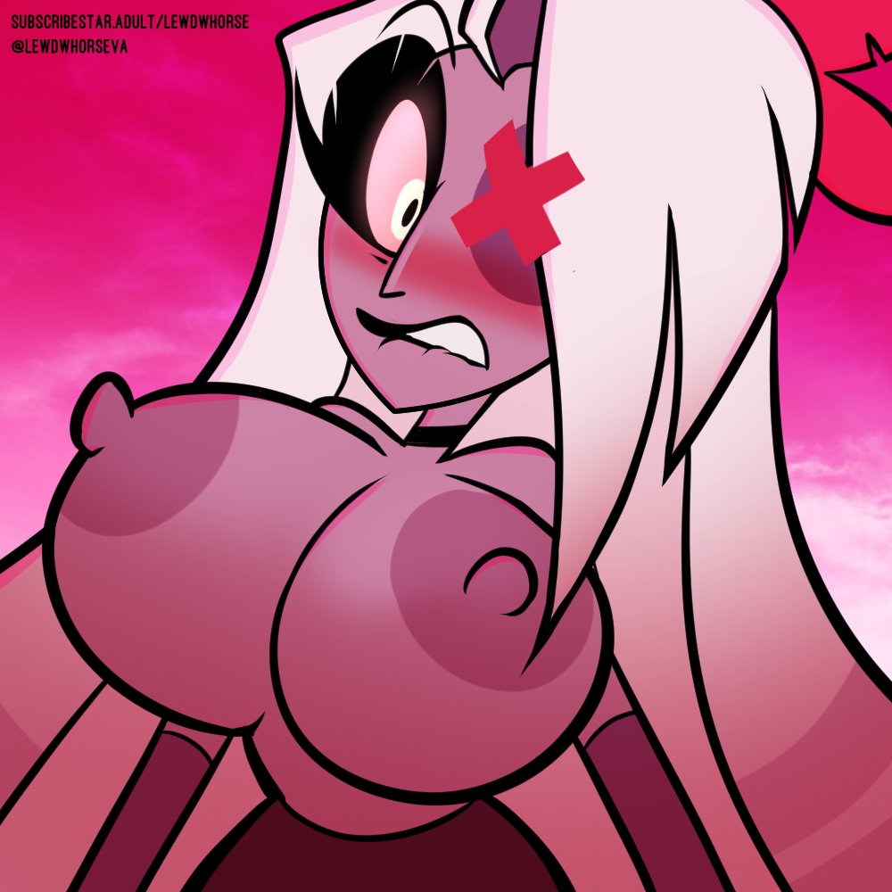 1girls, 2020s, 2025, areola, areolae, biting lip, blush, breasts, breasts bigger than head, busty, commission, fanart from twitter, female, female only, female solo, grey body, hazbin hotel, huge breasts, lewdwhorse, long hair, nipples, no ai, pink background, pink sclera, solo, solo female, subscribestar username, teeth, teeth showing, topless, twitter link, vaggie (hazbin hotel), white hair