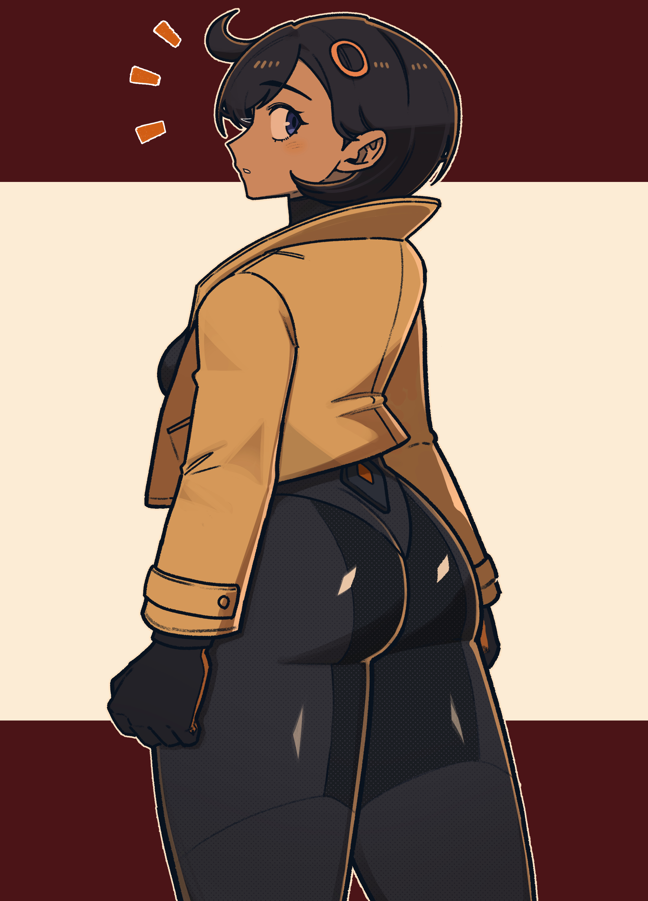 1girls, 2d (artwork), ass, ass cleavage, ass focus, beautiful girl, beautiful woman, big ass, black bodysuit, black hair, bodysuit, bubble butt, dark skin, dark-skinned female, emma (pokemon legends: z-a), emma (pokemon), female, female only, from behind, game freak, jacket, looking at viewer, matiere (pokemon legends: z-a), matiere (pokemon), nintendo, pokemon, pokemon legends: z-a, powtaytow3333, purple eyes, simple background, skin tight, solo, tomboyish