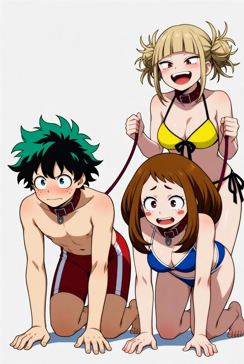 1boy, 2girls, 2girls1boy, ai, ai generated, blonde-haired female, boku no hero academia, bondage, brown-haired female, crawling, deku, dominant female, female, green-haired male, himiko toga, izuku midoriya, leash, leash pull, male, midoriya izuku, my hero academia, ochako uraraka, petplay, puppyplay, sadistic, submissive female, submissive male, swimsuit, threesome, toga himiko, underwear, uraraka ochaco, uraraka ochako, yuri