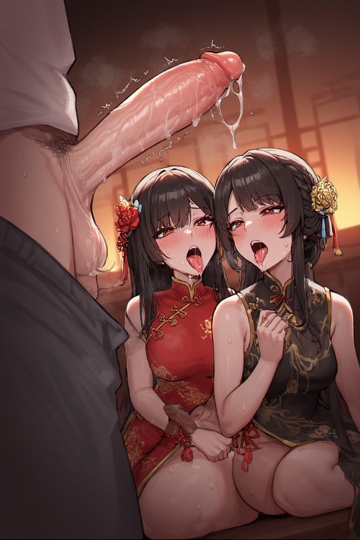 2girls, ai generated, asian female, big penis, bleached, chinese dress, chinese female, cock worship, cum, cum drip, drooling, female, light-skinned male, male, penis, raceplay