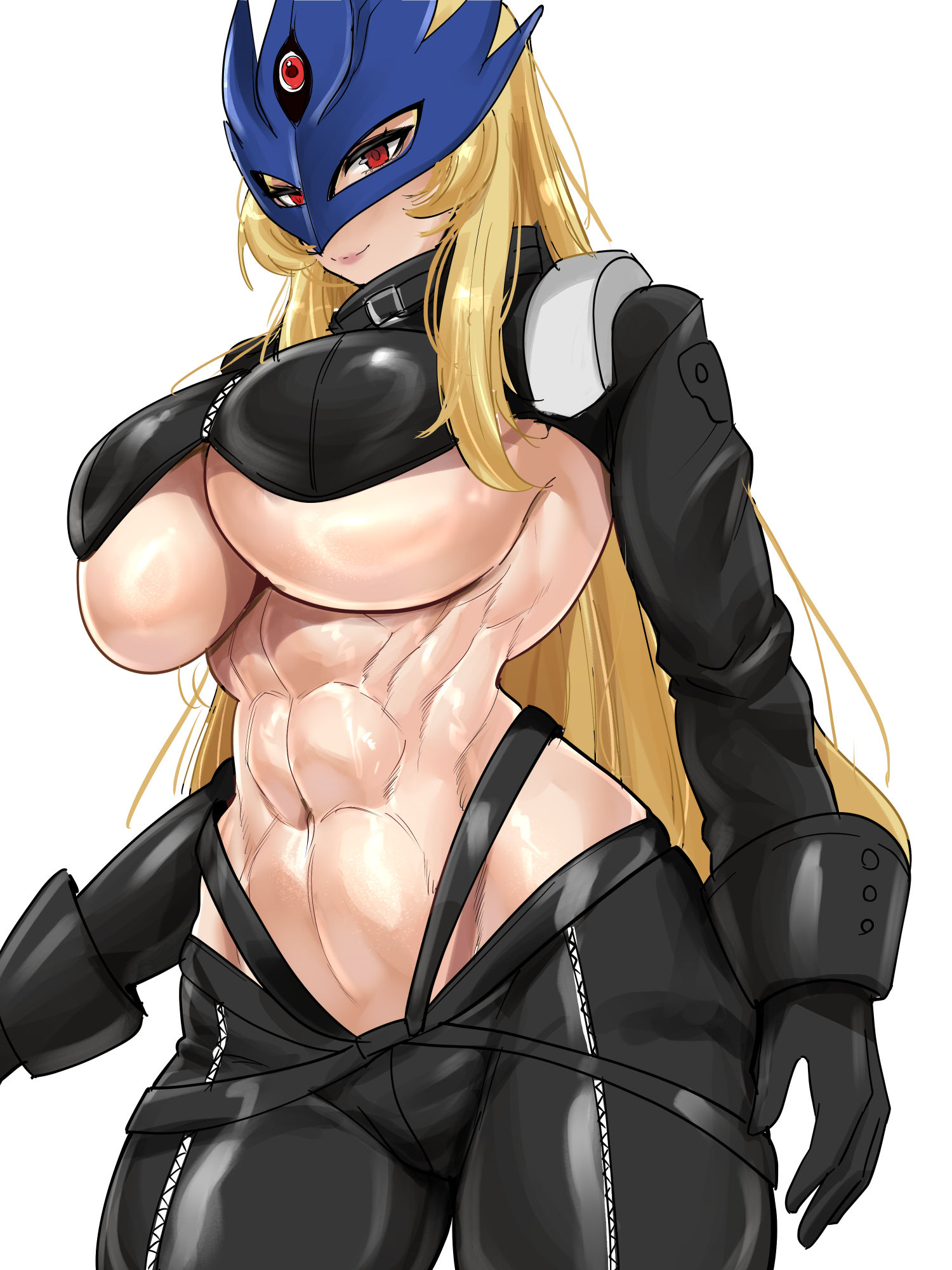 abs, beelstarmon, black gloves, blonde hair, breasts, cropped jacket, digimon, digimon (creature), digimon story: time stranger, female, female focus, gloves, highres, jacket, large breasts, leather, leather jacket, leather pants, long hair, mask, navel, pants, red eyes, simple background, solo, solo focus, standing, teaindian, third eye, toned, toned female, underboob, white background
