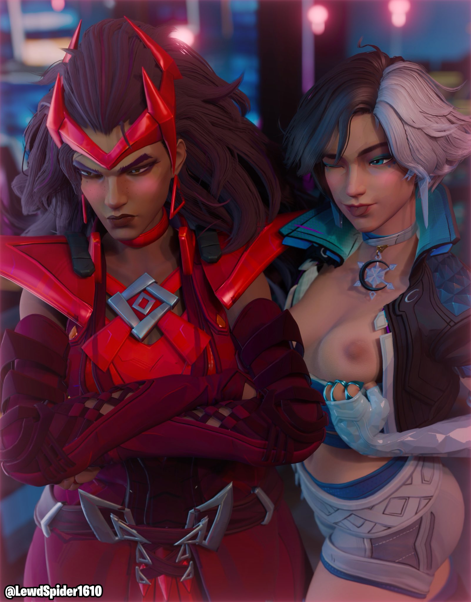 2girls, 3d, blush, boobs out, breasts, female focus, grabbing, green eyes, heterochromia, lewdspider, lewdspider1610, luna snow, luna snow (marvel rivals), marvel, marvel comics, marvel rivals, multicolored hair, nipples, pulling clothing, red hair, scarlet witch, scarlet witch (marvel rivals), tongue out, wink