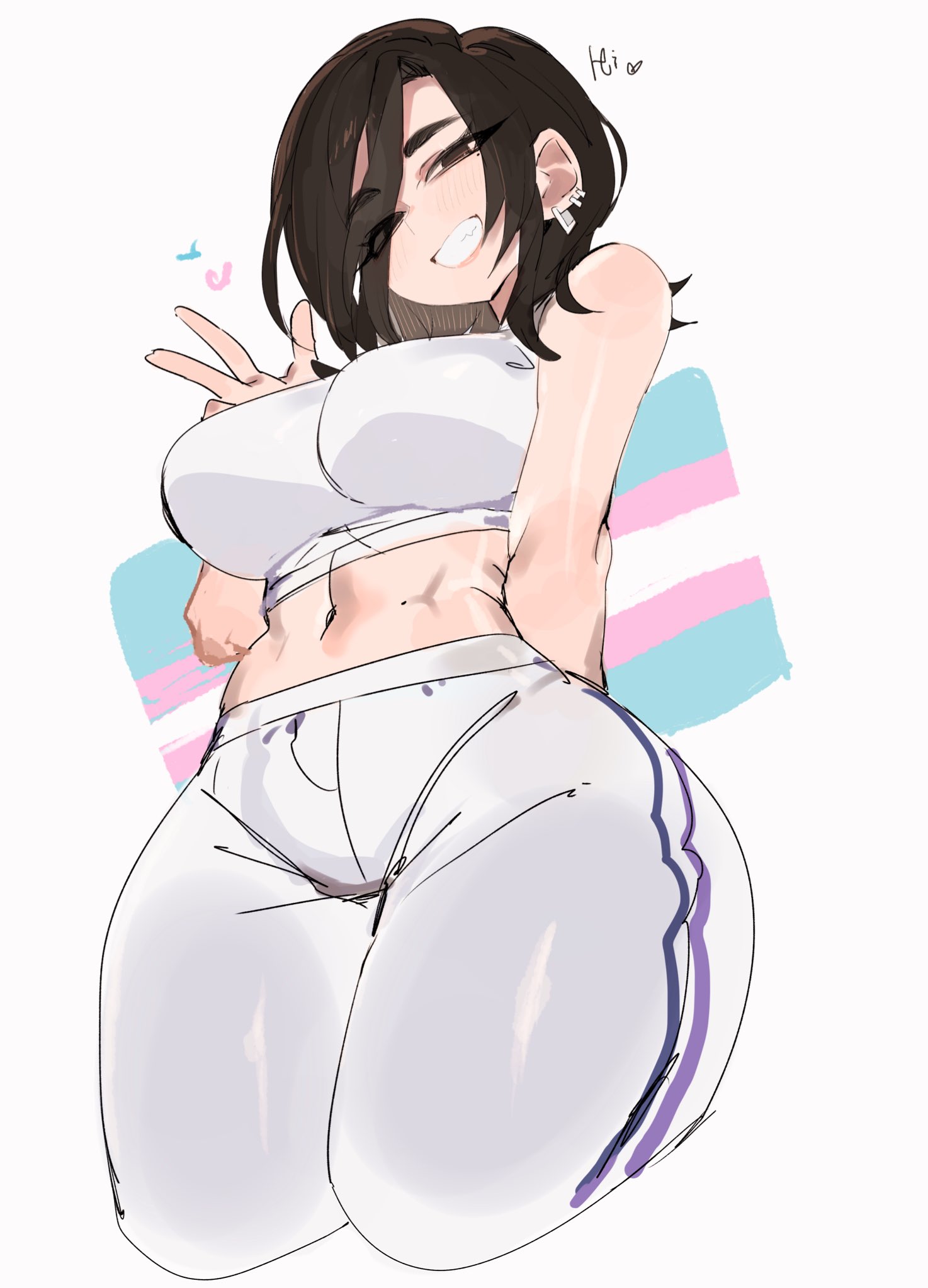1girls, aria (roresu), ass, big ass, big breasts, bra, breasts, dickgirl, exercise, female, futanari, intersex, light-skinned female, thick thighs, trans woman, transfem, transgender, transgender flag, transgender pride colors, usa37107692, wide hips, yoga pants