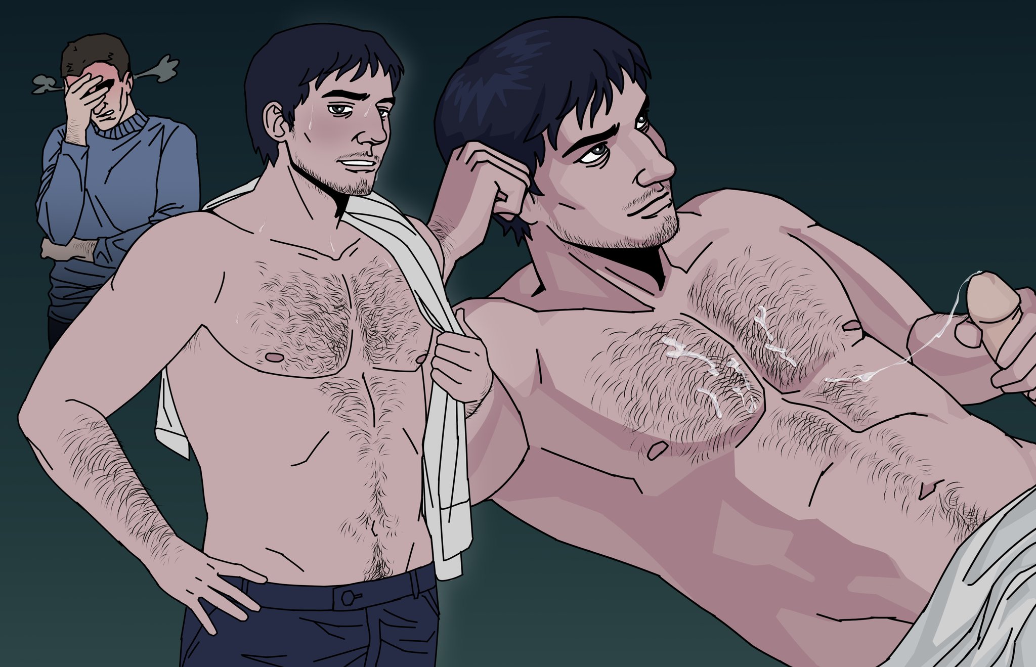 2boys, black hair, body hair, chest hair, color, cum, cum on body, cum on pectorals, cum on upper body, dilf, erection, facial hair, gay, handjob, happy trail, immortal man (no, i'm not a human), lost in the roots, male, male focus, male only, no, i'm not a human, penis, protagonist (no, i'm not a human), smile, solo focus, stubble, toned, toned male, topless, topless male, towel, twitter link, uncensored, yablochnyy spas, yakob (lost in the roots), yaoi
