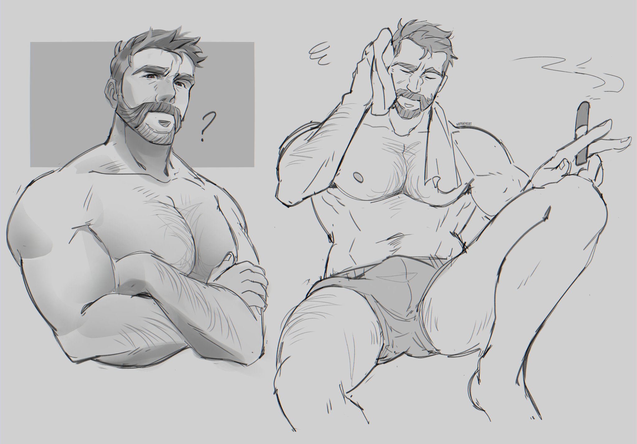 1boy, bara, beard, bulge, call of duty, call of duty modern warfare 2 (2022), captain price, cigar, crossed arms, daddy, dilf, hairy chest, hairy male, john price, large pectorals, male, male only, moustache, muscular, notgellert, older male, partially clothed, pecs, yaoi