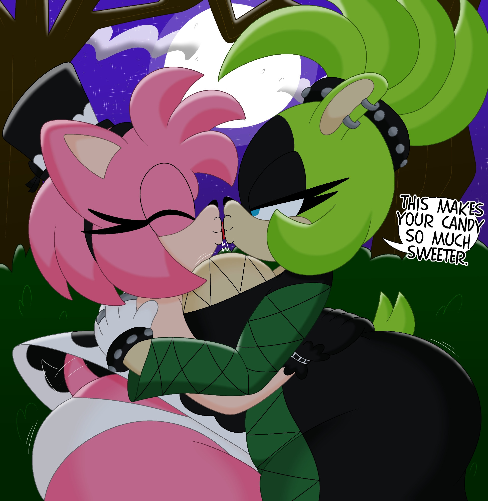 2d, 2girls, 3barts, amy rose, big breasts, breasts, english text, female, halloween, halloween costume, idw comics, idw publishing, kissing, mobian, mobian (species), mobian tenrec, panties, sega, sonic (series), sonic the hedgehog (comics), sonic the hedgehog (idw), sonic the hedgehog (series), surge the tenrec, white panties, wide hips, yuri