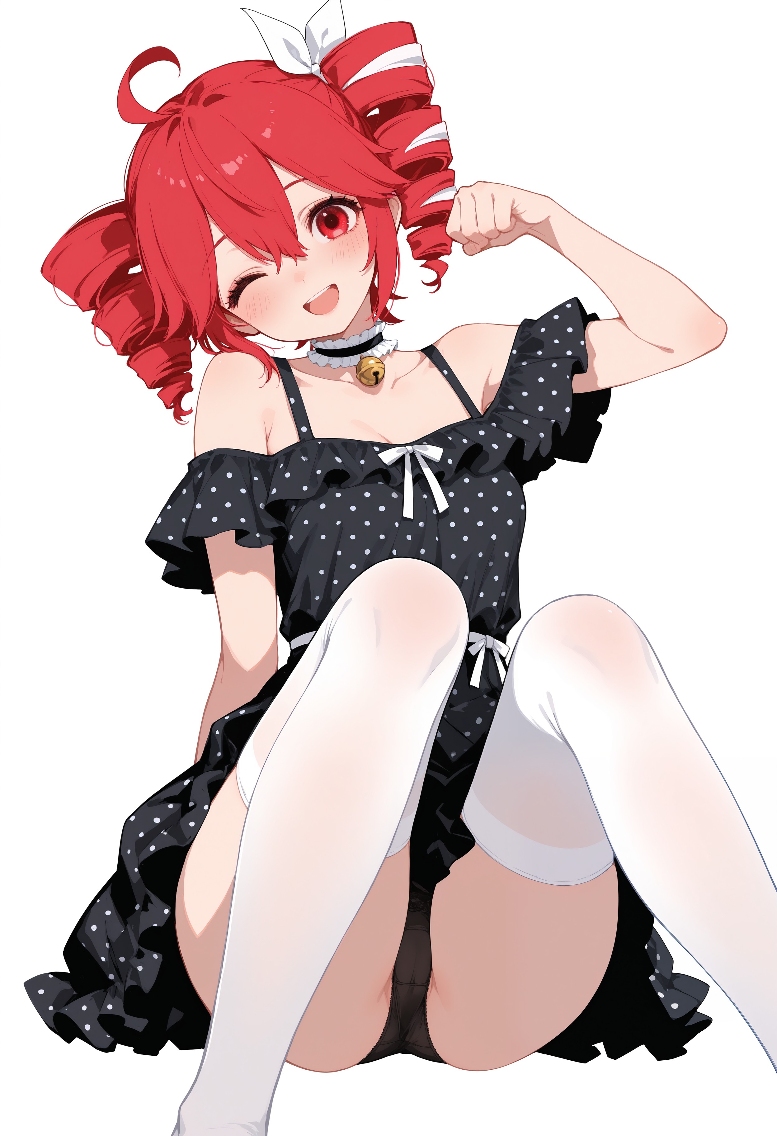 1girls, ahoge, ai generated, ass, bell, bell collar, black panties, blush, blush lines, breasts, clothed, clothed female, clothing, collar, dress, female, female only, fully clothed, hair ornament, hairbow, kasane teto, kasane teto (sv), one eye closed, open mouth, panties, panty peek, pantyshot, partially visible vulva, petite, petite body, petite female, pussy, pussy peek, red eyes, red hair, see-through, see-through panties, showing panties, simple background, sitting, sitting on floor, skinny, skinny female, slim girl, slim waist, small breasts, smile, solo, solo female, spread legs, synthesizer v, tetogallery, thick thighs, thighhighs, thighs, tilted head, twin drills, underwear, utau, vulva, white background, white thighhighs