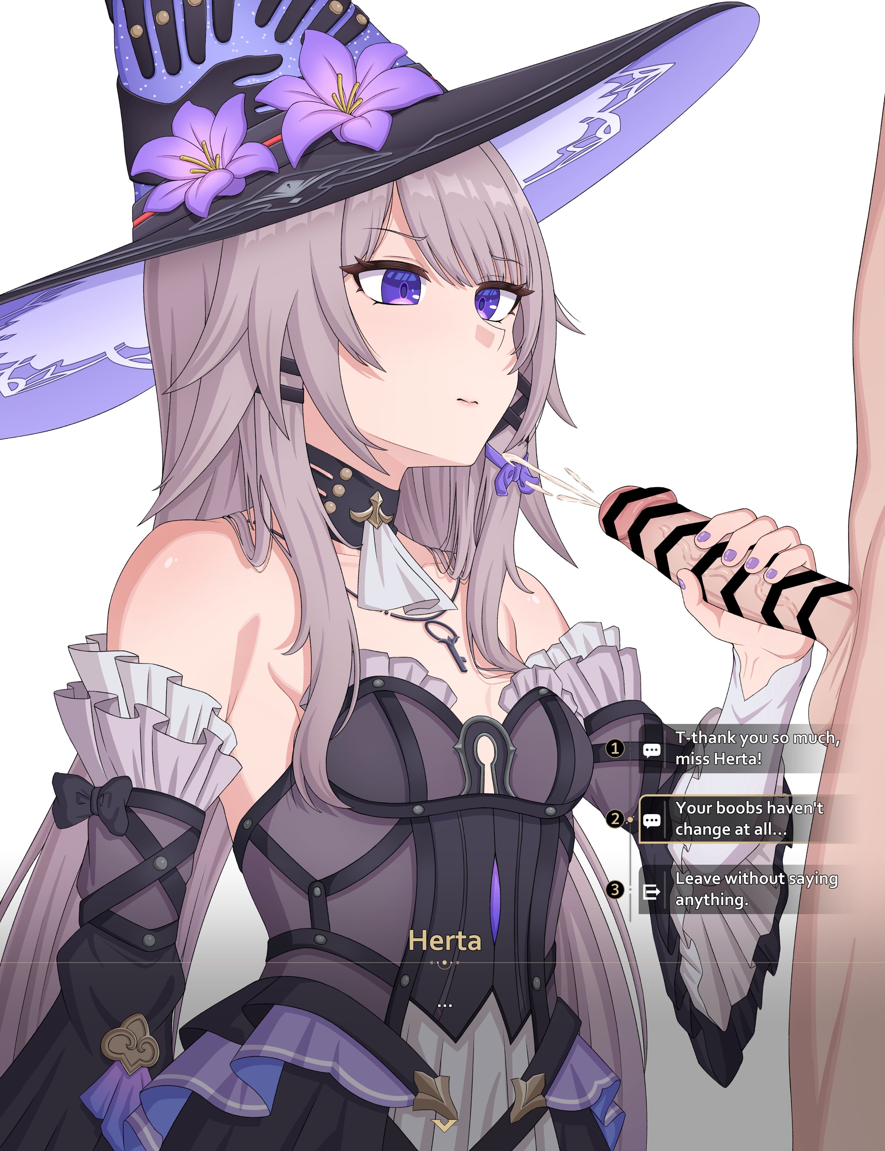 ..., 1boy, 1girls, bar censor, breasts, caelus (honkai: star rail), censored, clothed female nude male, cum, cum on breasts, detached sleeves, ejaculation, english text, female, flat chest, gameplay mechanics, grey hair, handjob, hat, herta (honkai: star rail), hlxy, honkai (series), honkai: star rail, hoyoverse, light skin, light-skinned female, light-skinned male, looking at penis, male, mihoyo, penis, purple eyes, small breasts, text, the herta (honkai: star rail)