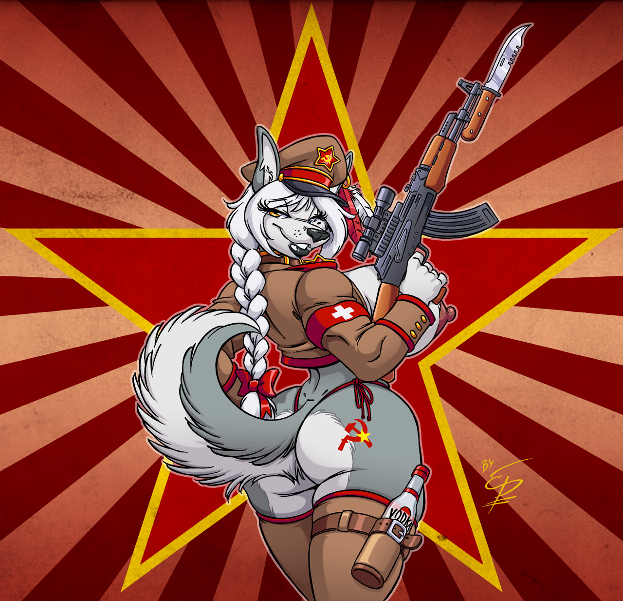 ak-47, akita stromfield, anthro, anthro only, ass, ass focus, bayonet, big ass, big breasts, breasts, canid, canine, canis, communism, communist, domestic dog, eltonpot, female, female only, firearm, furry, furry female, furry only, hammer and sickle, hammer and sickle tattoo, holding weapon, husky, kalashnikov rifle, knife, looking at viewer, looking back, military, nipples, ranged weapon, rifle, soviet, soviet union, tagme, tattoo, tied hair, vodka, weapon